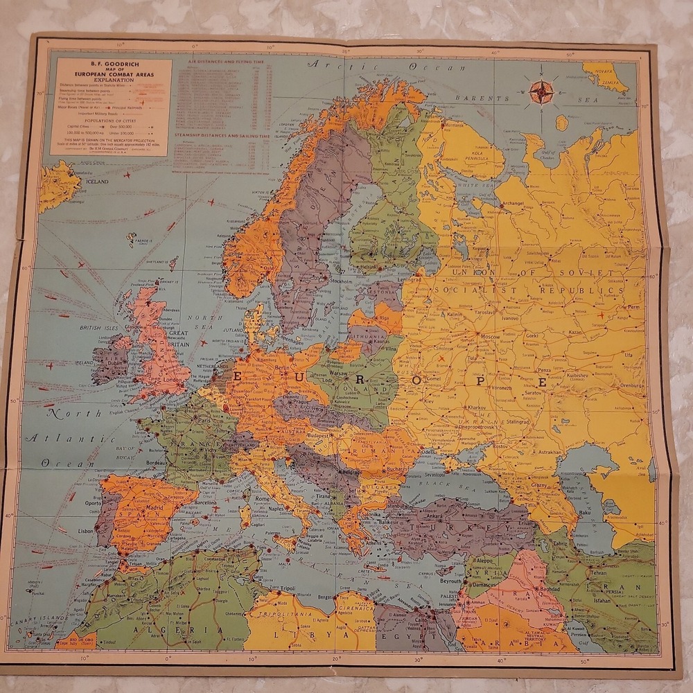 Vintage BF Goodrich Map of European Combat Areas WWII Era Military History